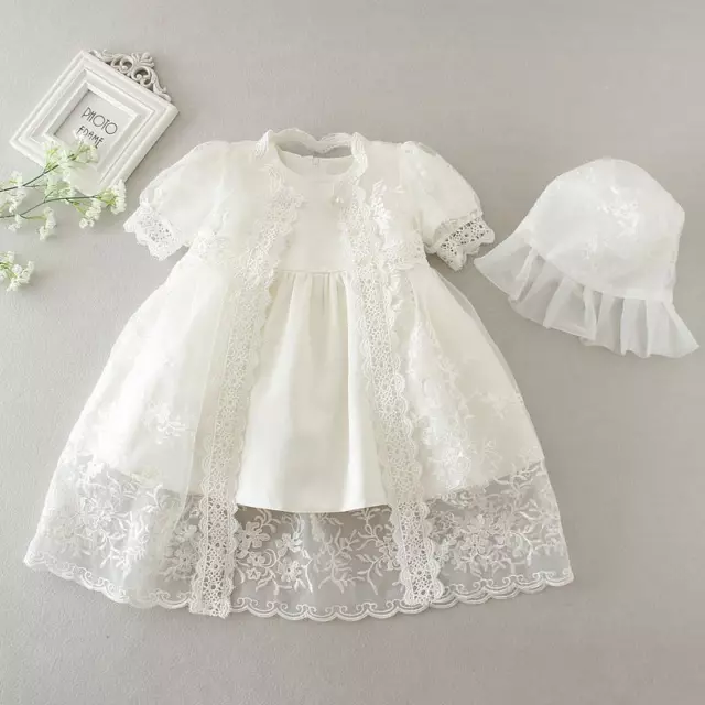 Gorgeous Lace Embroidery Christening Dress Baby Toddler Baptism Gown with Bonnet