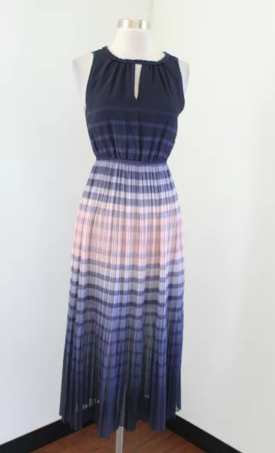 Maison Jules Blue Ombre Striped Pleated Midi Dress Size S Sleeveless Pink