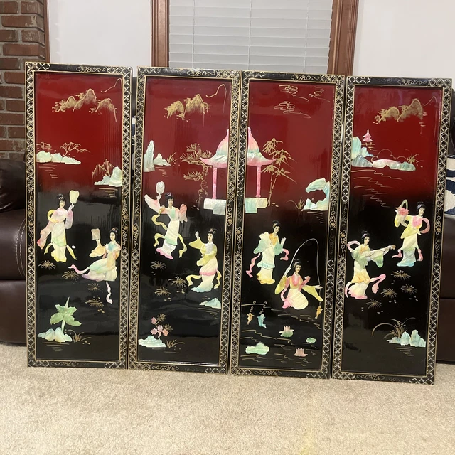 4 VINTAGE ASIAN Black Lacquer Mother of Pearl Wall Panels Art Chinese