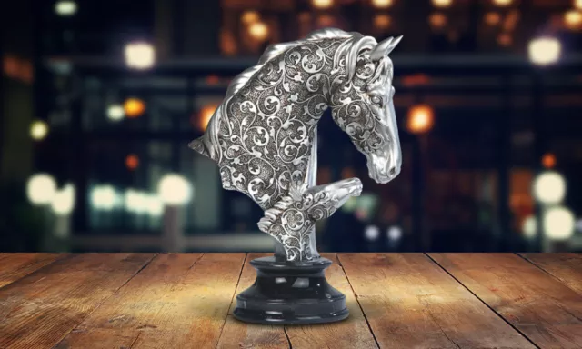 10"H Decorative Craved Silver Horse Head Bust Figurine with Base Room Room Decor