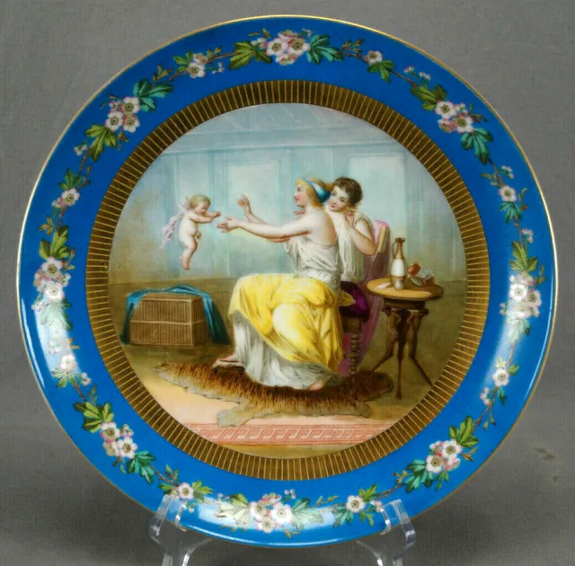 19th Century Old Paris Hand Painted Ladies Cherub Wild Roses Blue & Gold Charger