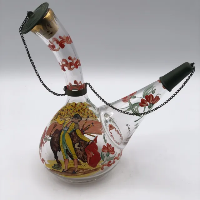 Vintage Decanter Spain Hand Blown Painted Decanter With Stoppers on Chain