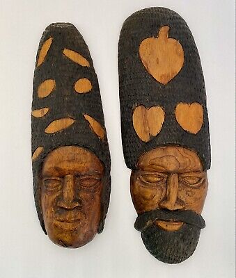 Wood Mask Art African Tribal Hand Crafted Painted Wall Hang Decor Set 2 Vtg 19"