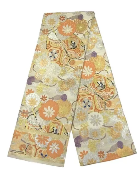 Cream Silk Vintage Obi w/ Circles of Cranes and Floral Flat Fans Design!