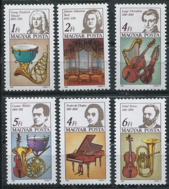 HUNGARY 1985, EUROPEAN MUSIC YEAR, INSTRUMENTS & PORTRAITS, Scott 2938-2943, MNH