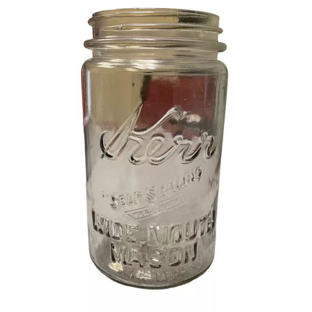 “KERR SELF SEALING” Wide Mouth Mason QUART Clear Fruit Jar-PAT-AUG 31 1915