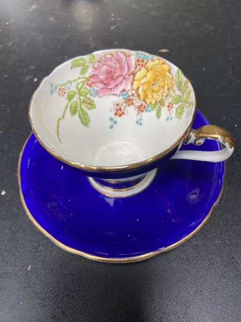 Aynsley Cobalt W/ Pink &Yellow Open Roses Corset Teacup and Saucer B5025