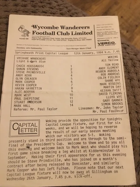 Wycombe Wanderers v Woking 1993/94 Capital League