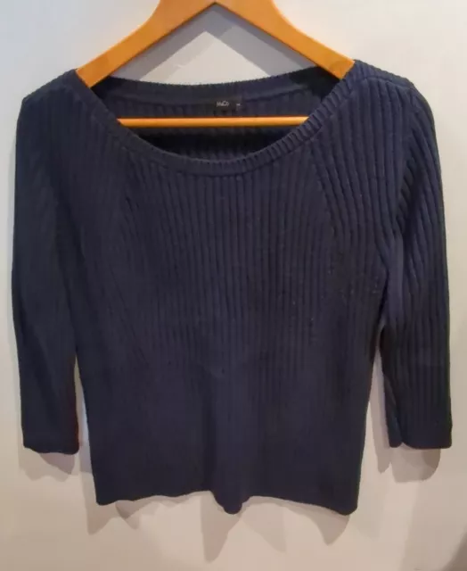 M&Co Women's Cotton Blend Navy Ribbed Round Neck 3/4 Sleeve Jumper Pullover 14