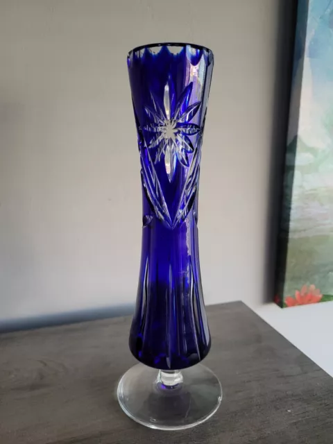 Heavy Cobalt Blue Cut Glass Bud Vase Slight Chip On Base.