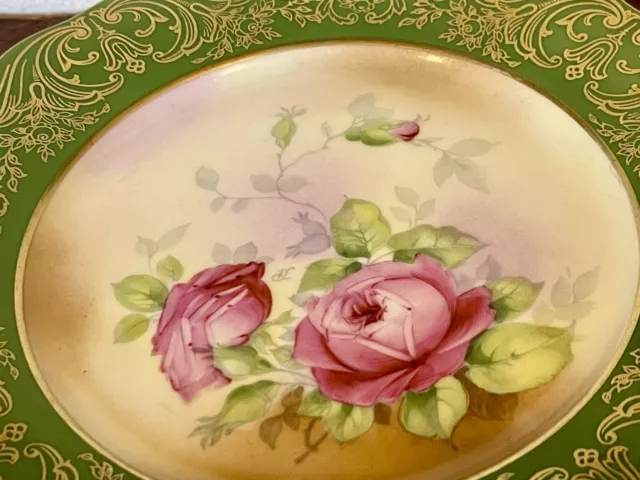 4 Square Salad Plates Bavaria Germany Hand Painted Pink Roses Heavy Gold (A)