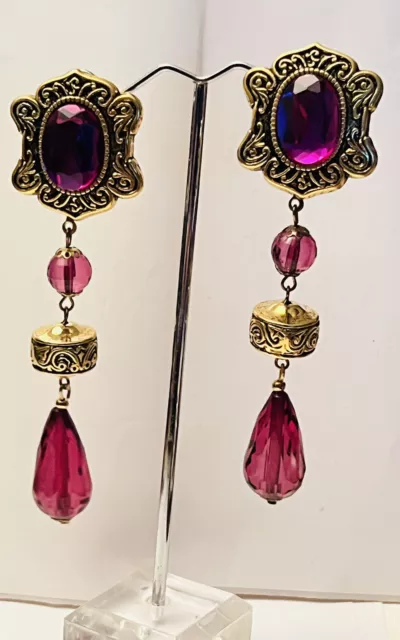 Runway Earrings VTG Dangle Clip On Lucite Acrylic Statement Egyptian Gold Purple