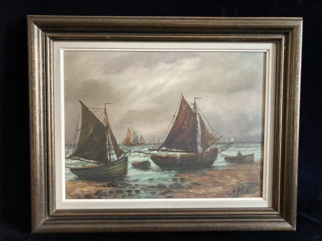 Ölgemälde Gemälde Boote Meer Küste Fischerboote Alt um 1920