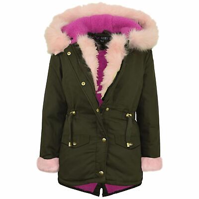 Kids Girls Baby Pink Faux Fur Hooded Parka School Jackets Outwear Coat 5-13 Year