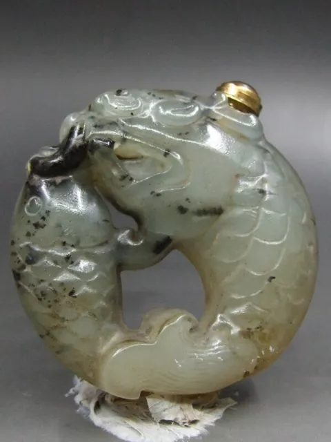 Old Chinese Natural Jade -carved Exquisite statues"Dragon-FISH Snuff Bottle 1580