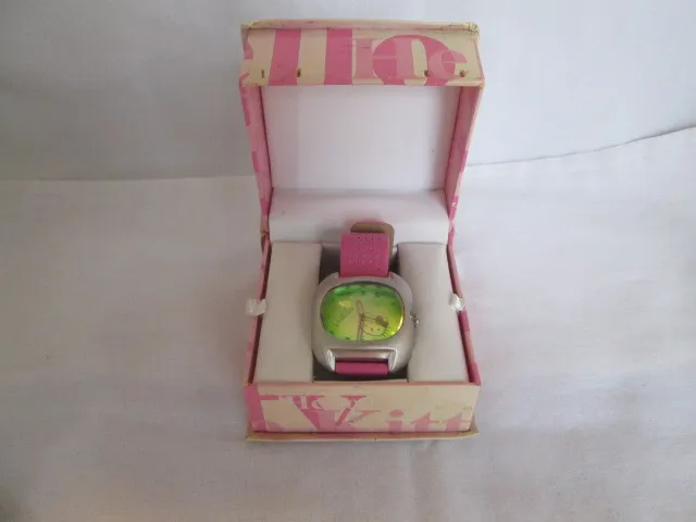 2004 Sanrio Hello Kitty Watch Square Green Face Pink Leather Band  New Battery