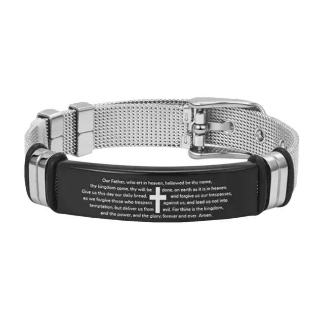 Mens Stainless Steel Black Cross Silver English Bible Lords Prayer Link Bracelet