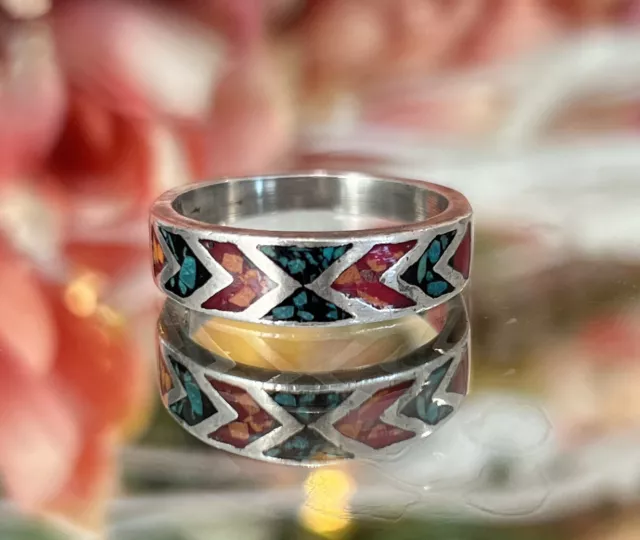 Vintage Sterling Silver Coral Inlay Taxco Mexico Men’s Ladies Ring Band Sz 8.25