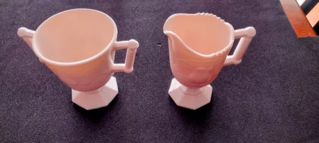 Vintage Jeanette Pink Milk Glass Baltimore Pear Footed Creamer & Open Sugar Bowl