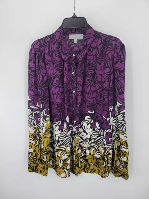 Classiques Entier Top Womens Large Purple Yellow White Ombre Floral Button Up