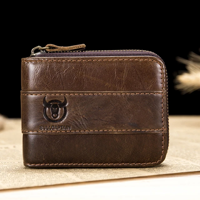 BULLCAPTAIN Men Wallet Genuine Leather RFID Zip Around Bifold with Coin Pocket