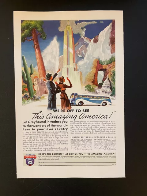 1940 Greyhound Bus Lines Print Ad Amazing America Empire State Building WWII