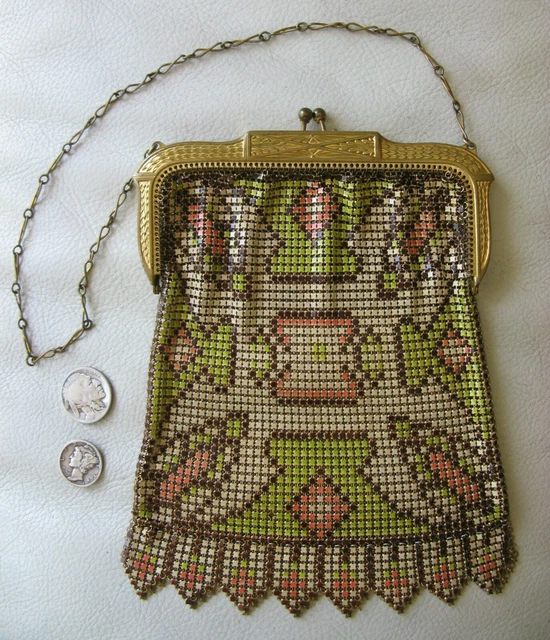 Antique Art Nouveau Gold Frame Brown Peach Green Enamel Chain Mail Mesh Purse