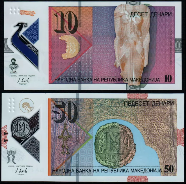 Macedonia 10, 50 Denari (P25, 26) 2018 Polymer Set Of 2 Notes Unc