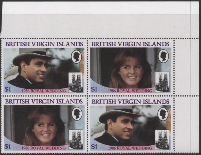 Isole Vergini Britanniche 1986 matrimonio reale principe Andrea, blocco angolo di 4, nuovo di zecca