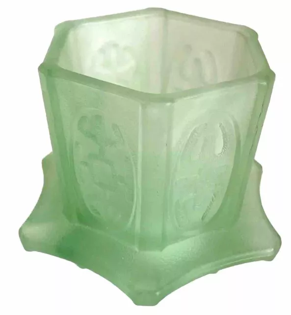 Oriental Asian Design Green Sea Glass Hexagon Pedestal Vase Embossed 6 Sided