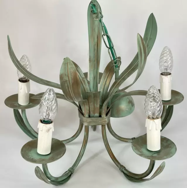 Vintage French Large 5 Arm Green Colour Metal Leaves Toleware Chandelier Light