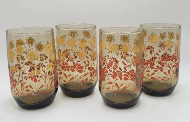 Vintage Mid Century Juice Tumblers Yellow/Orange Floral Pattern, Amber Glass 4"