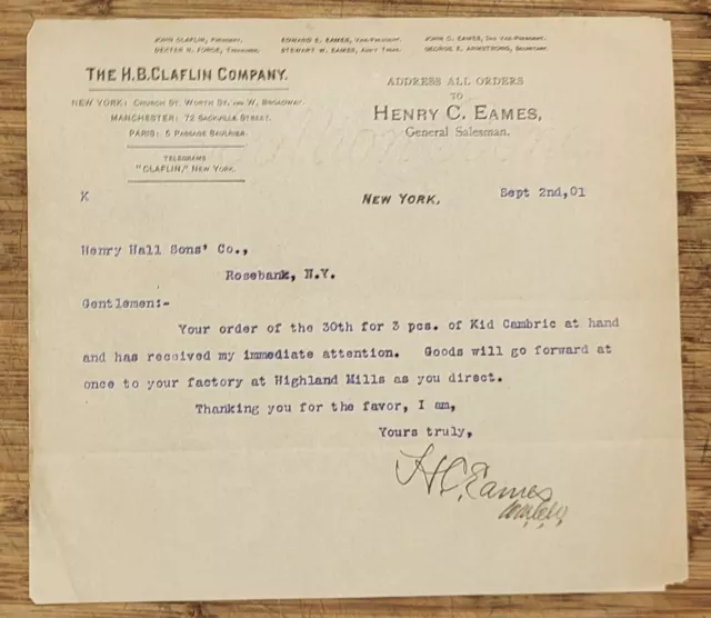 1901 Letterhead New York City The HB Claflin Company