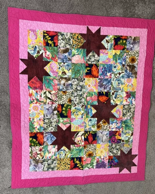 Quilt Handmade Machine Sewn Blocks Eight Point Stars Burgundy Pink Small 44 X 52