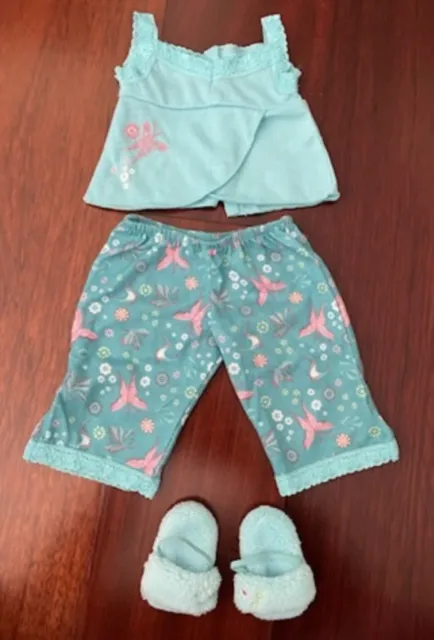 American Girl Doll Jess Pajamas PJ Set Teal Blue Lace Trim Shirt Pants Slippers