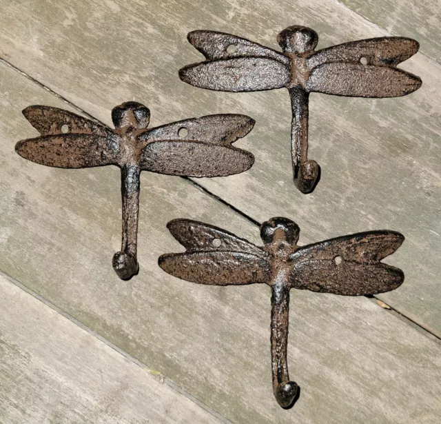 3 Cast Iron DRAGONFLY Towel Hanger Coat  Hat Hooks, Key Rack GARDEN Hook