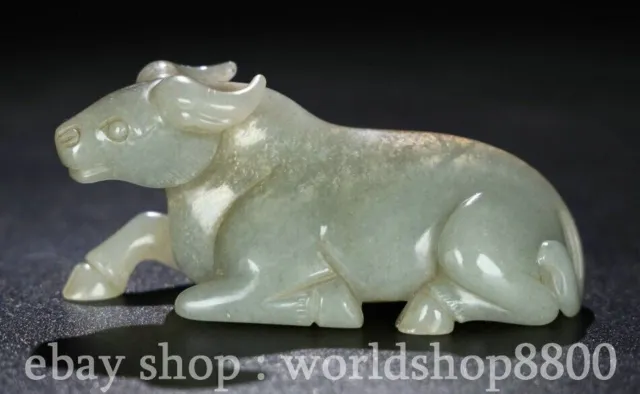 3.6" Chinese Natural Hetian Jade Nephrite Carving Animal cattle Statue Sculpture