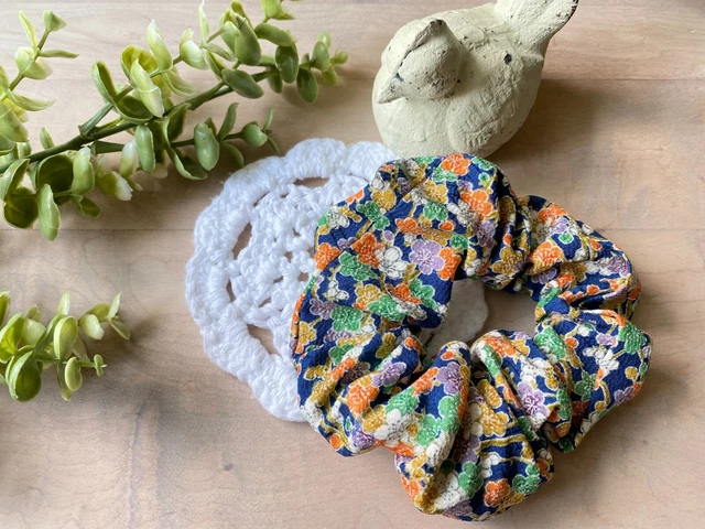 Cool Japanese Kimono Silk fabric scrunchy floral pattern multi-color handmade