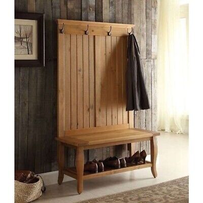 Rustic Pine Wooden Hall Tree Coat Rack Hat Hooks Storage Stand Entryway Bench