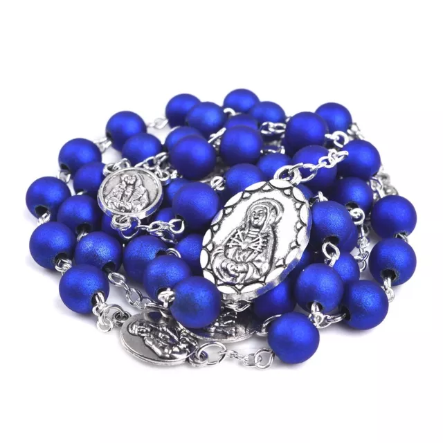 Catholic 7 Seven Sorrows of Mary Rosary Silver Tone Crucifix Blue Wood Beads