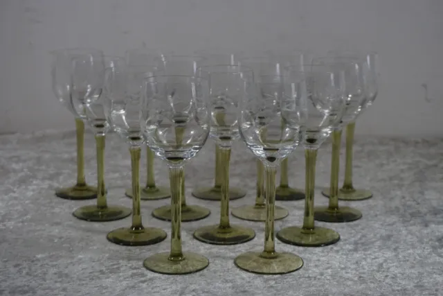 14 x Jugendstil Glas Weinglas grüner Stängel - um 1900 TOP! Theresienthal?