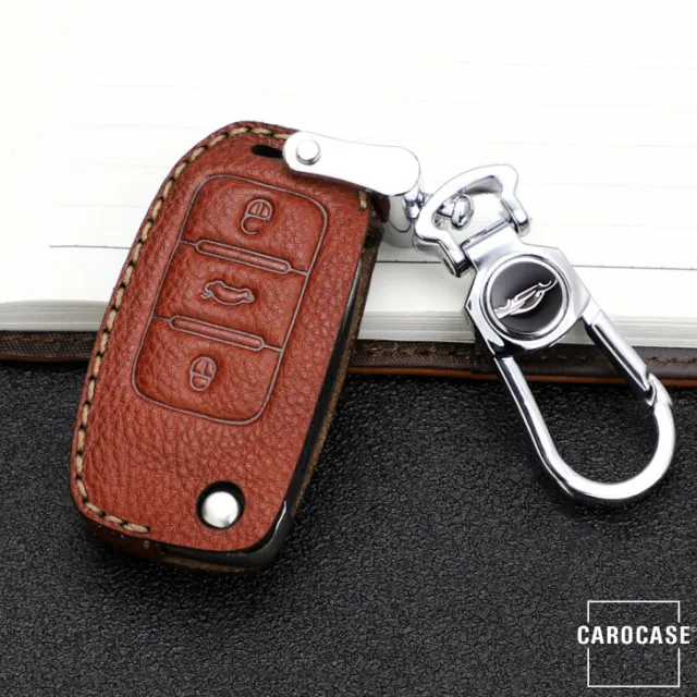 Premium Leder Schlüsseletui passend für Volkswagen, Skoda, Seat Schlüssel braun