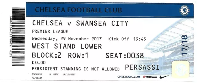 CHELSEA v SWANSEA CITY 29th NOVEMBER 2017. (CHELSEA MATCH DAY TICKET).