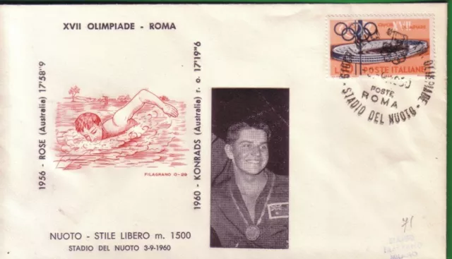 FDC FILAGRANO OLIMPIADI ROMA 1960 I VINCITORI:NUOTO m.1500 KONRADS.+d