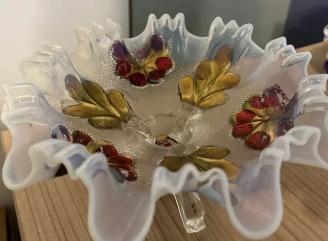 Vintage Goofus Glass Footed Ruffled 8" Bowl-Opalescent/Red Flowers/Gold