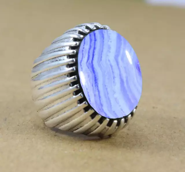 Solid 925 Sterling Silver Natural Lace Agate Gemstone Wedding Gift Men's Ring