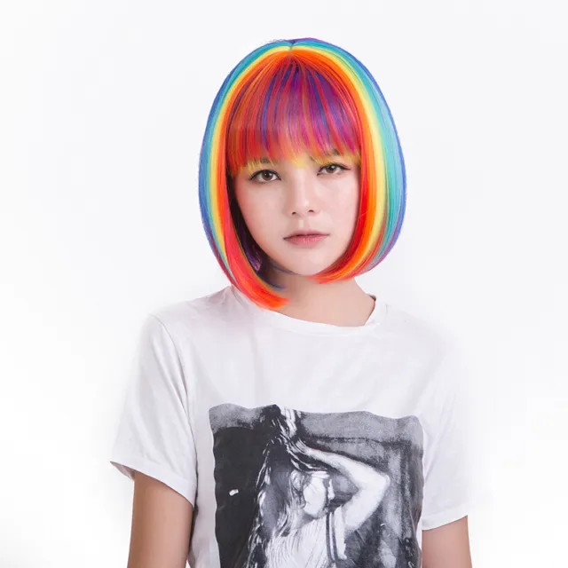 Rainbow Wig Women Synthetic Colored WigStraight Hair Heat Resistance Cosplay  GF