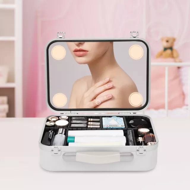 Travel Makeup Jewelry Box w/LED Light Mirror Cosmetic Case Light Pink White