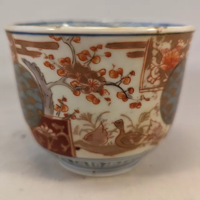 Antique Japanese Arita Imari Porcelain Soba Choko Tea Cup Ducks Plum Blossoms