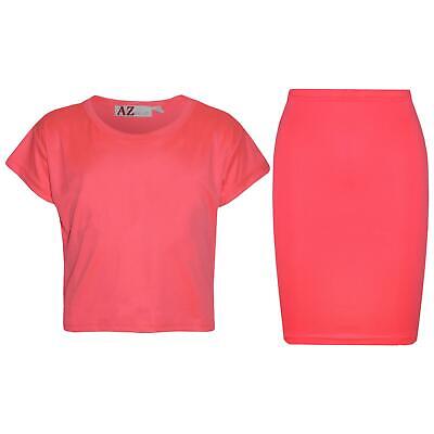 Kids Girls Plain Crop Top & Pencil Skirt Neon Pink Outfit Set School Party Dress